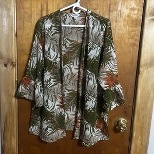 Vintage 80's Tantrums Kimono Coverup L Green Sheer Botanical Camo Ruffle Cuff